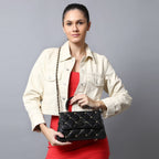 QUILTED STUDDED BLACK LUXE TOP HANDLE HANDBAG