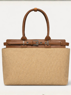 Premium Jute & PU Leather Structured Tote Brown Bag for Women