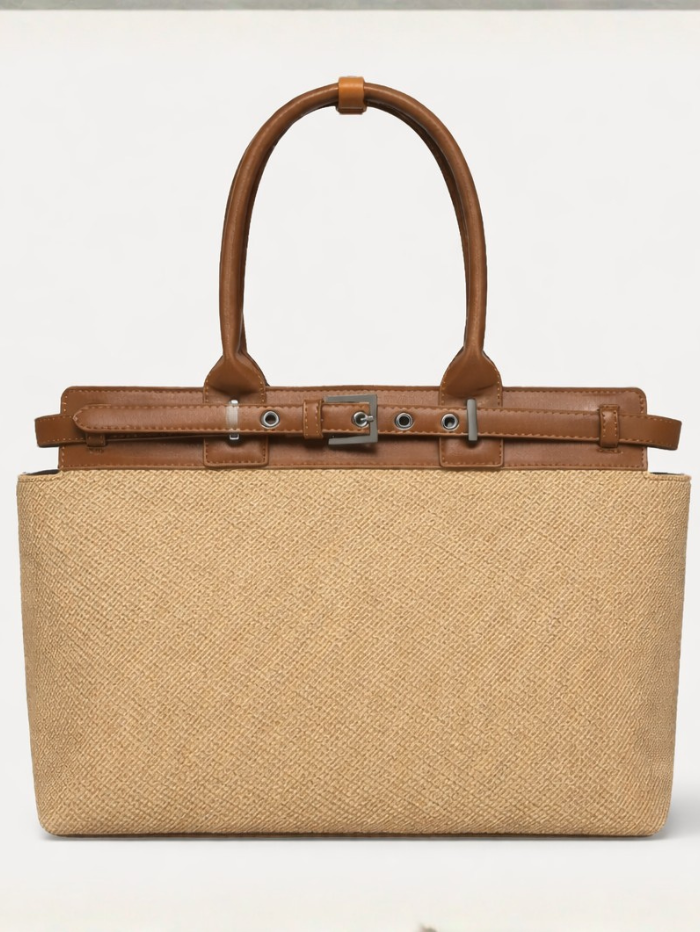 Premium Jute & PU Leather Structured Tote Brown Bag for Women