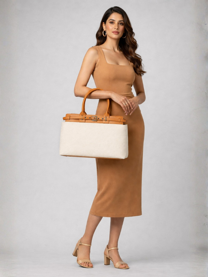 Premium Jute & PU Leather Structured Tote Off White Bag for Women