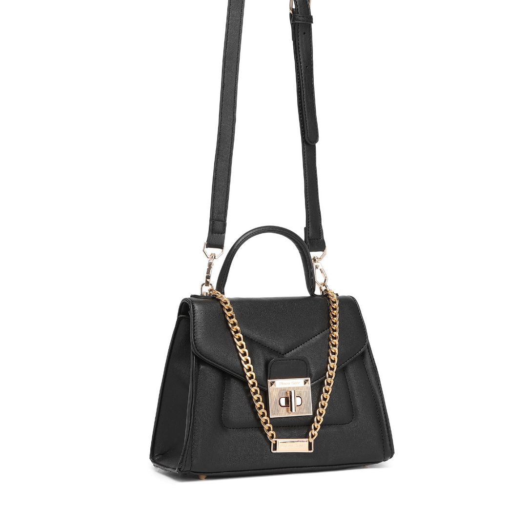 ELEGANT LOCK CHAIN STRUCTURED BLACK HANDBAG