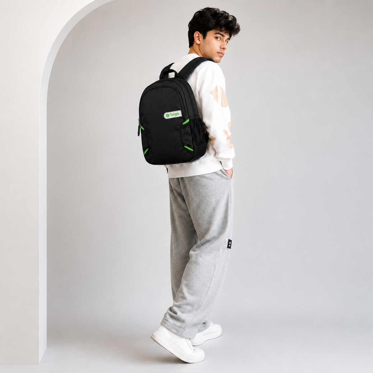 Telgo Lightweight Black Backpack with Green Accents