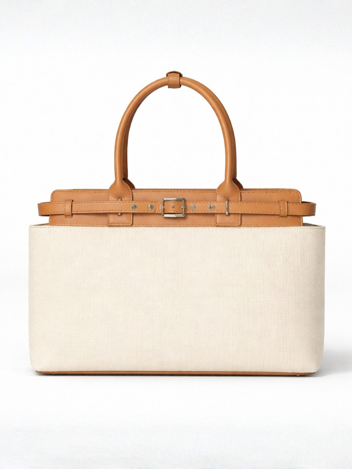 Premium Jute & PU Leather Structured Tote Off White Bag for Women