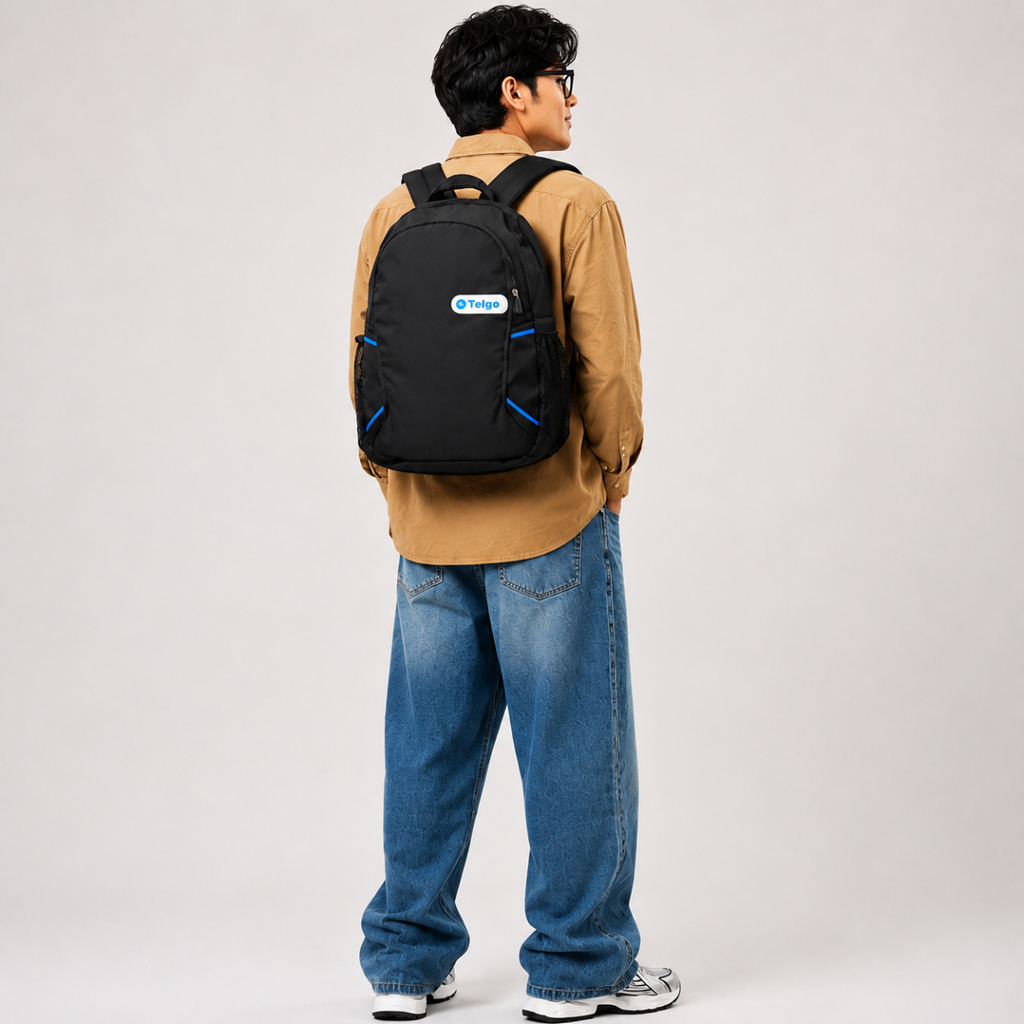 Telgo Lightweight Black Backpack with Blue Accents