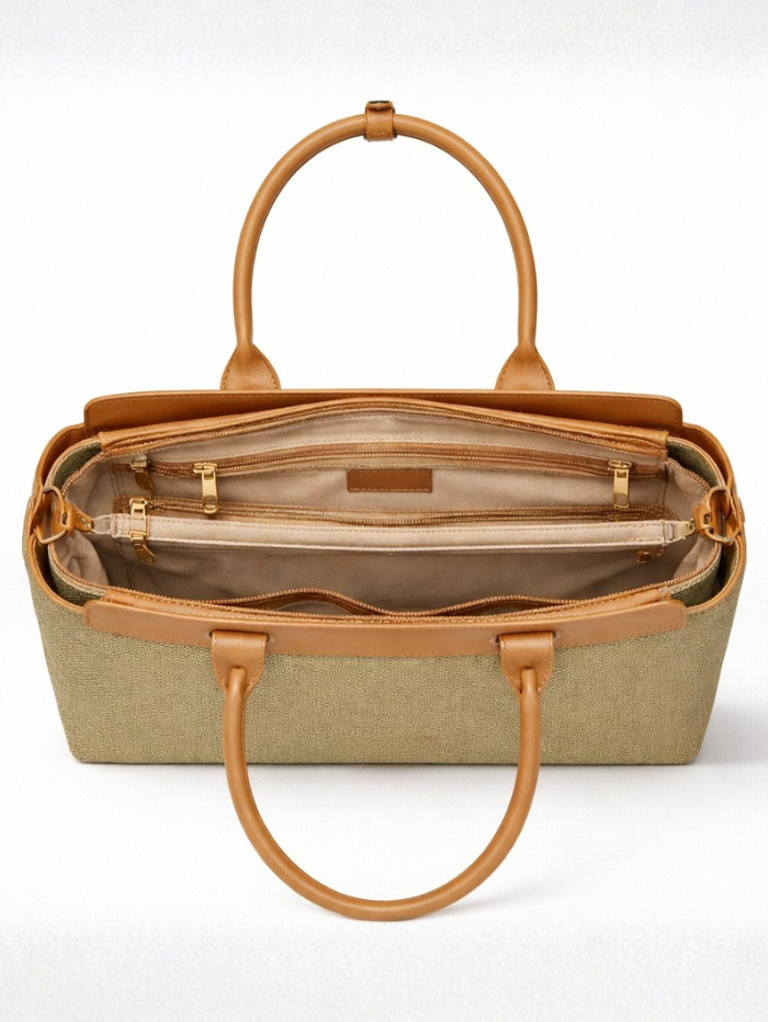 Premium Jute & PU Leather Structured Tote Olive Green Bag for Women