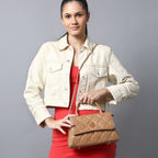 QUILTED STUDDED CAMEL LUXE TOP HANDLE HANDBAG