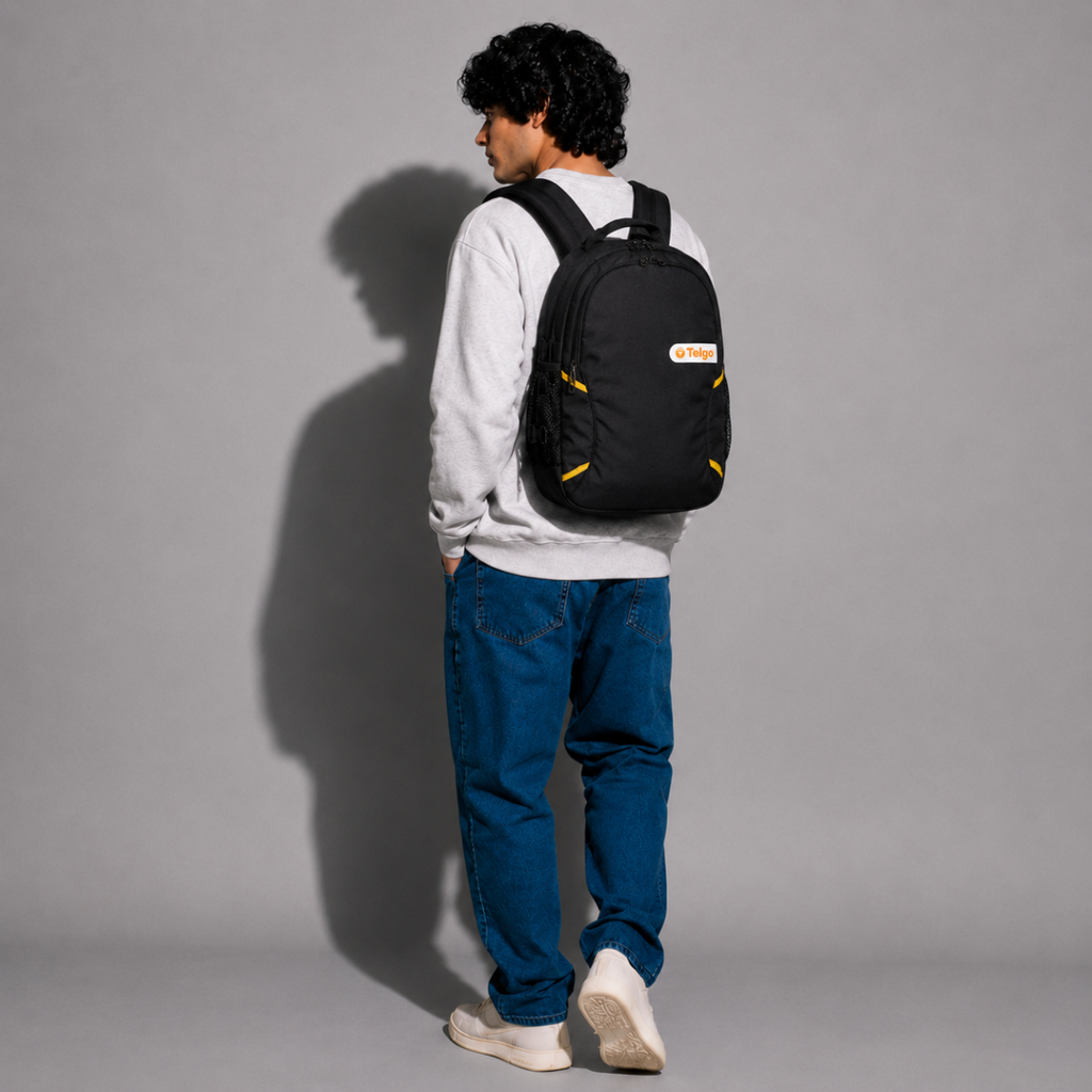 Telgo Lightweight Black Backpack with Yellow Accents
