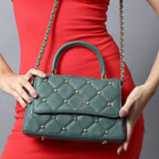 QUILTED STUDDED GREEN LUXE TOP HANDLE HANDBAG