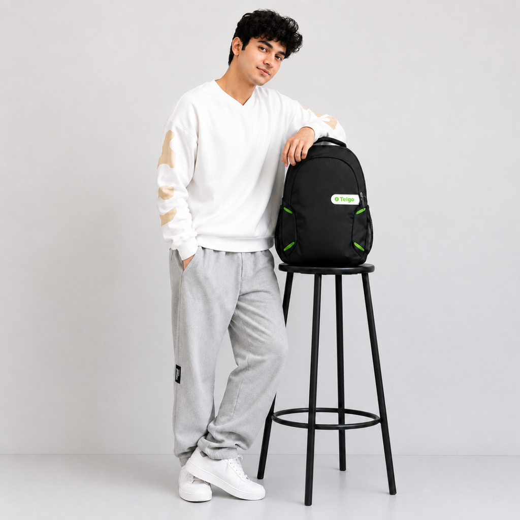 Telgo Lightweight Black Backpack with Green Accents