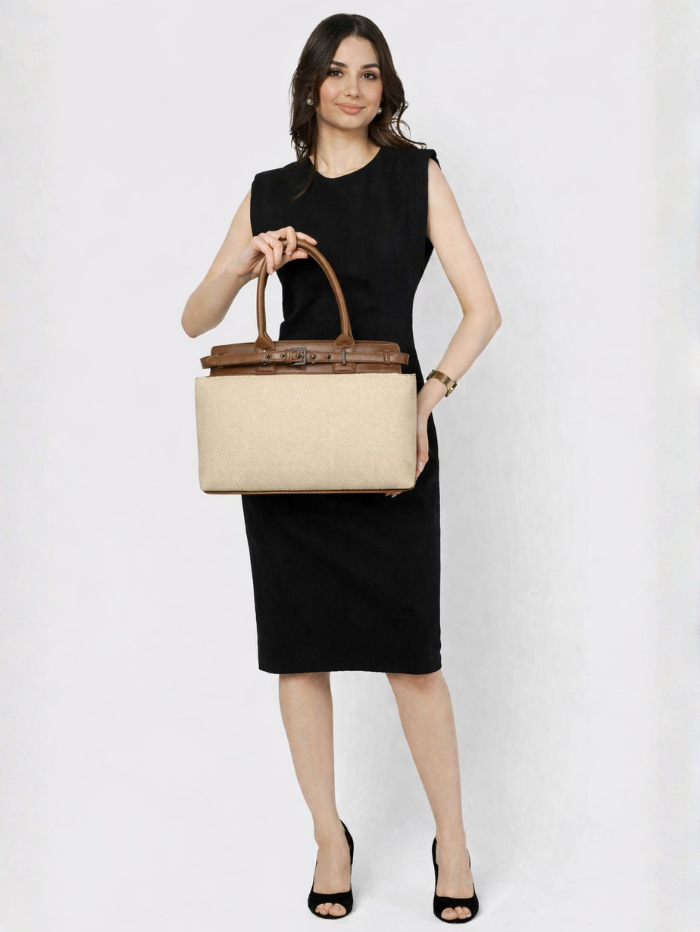 Premium Jute & PU Leather Structured Tote Beige Bag for Women