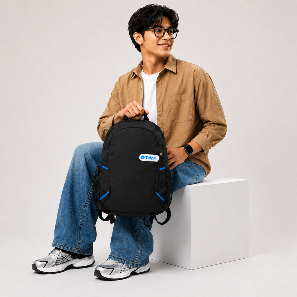 Telgo Lightweight Black Backpack with Blue Accents