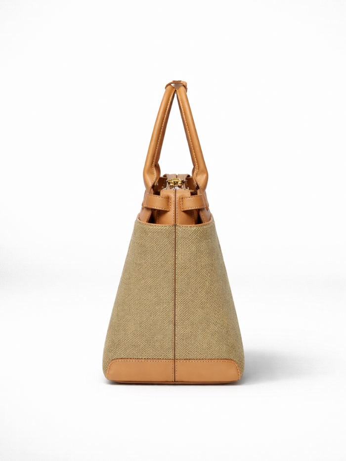 Premium Jute & PU Leather Structured Tote Olive Green Bag for Women