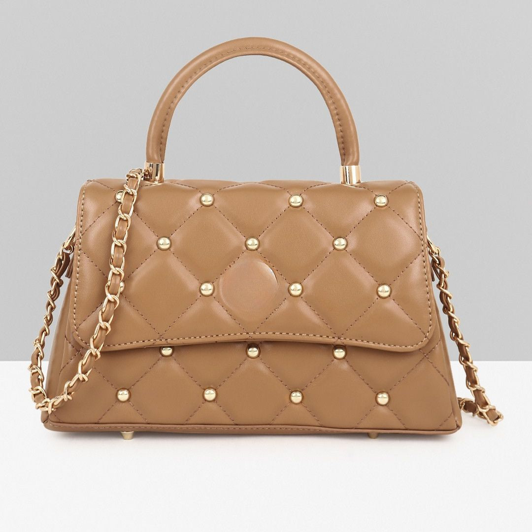 QUILTED STUDDED CAMEL LUXE TOP HANDLE HANDBAG