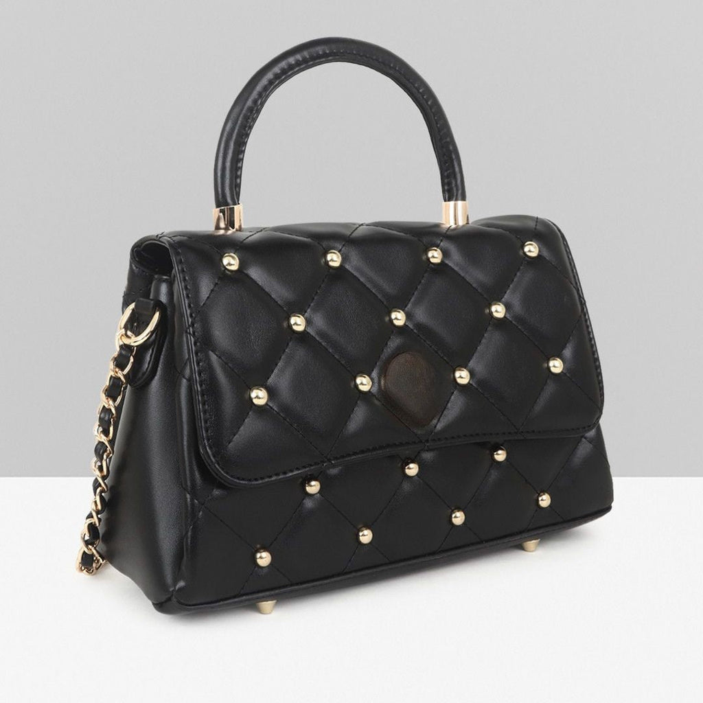 QUILTED STUDDED BLACK LUXE TOP HANDLE HANDBAG