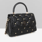 QUILTED STUDDED BLACK LUXE TOP HANDLE HANDBAG