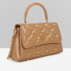 QUILTED STUDDED CAMEL LUXE TOP HANDLE HANDBAG