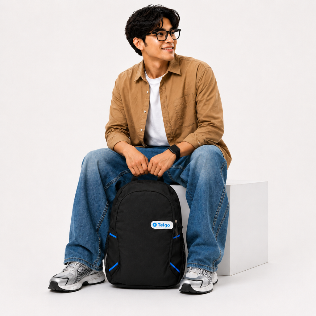 Telgo Lightweight Black Backpack with Blue Accents