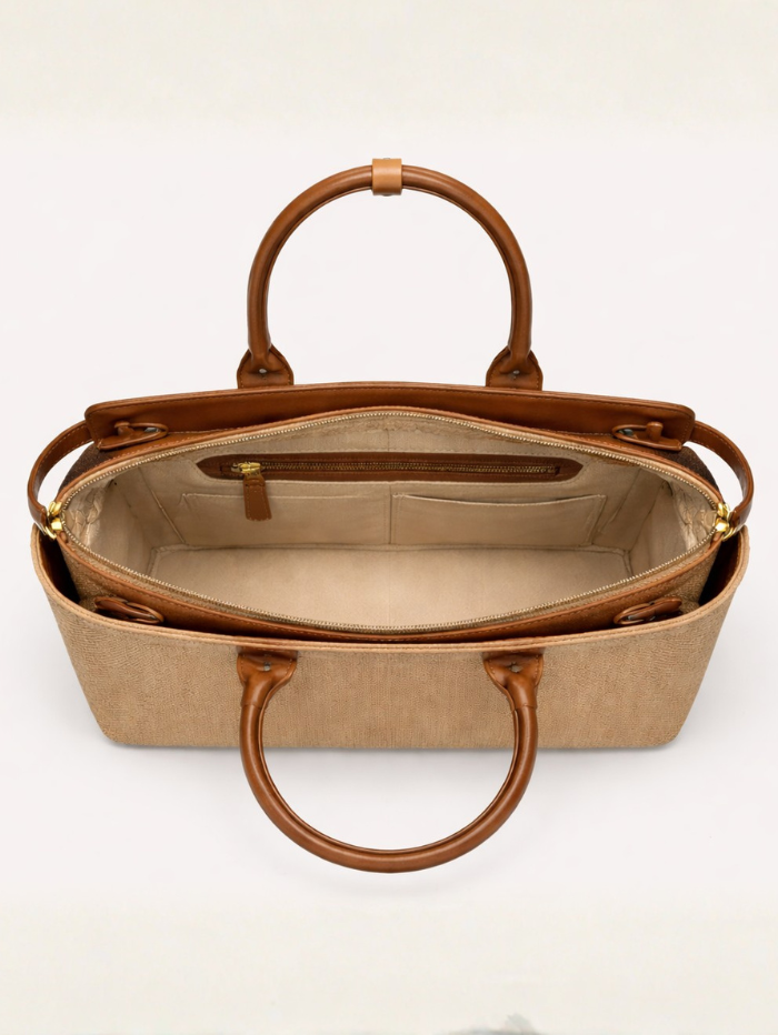 Premium Jute & PU Leather Structured Tote Brown Bag for Women