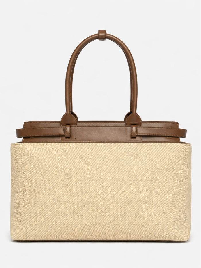 Premium Jute & PU Leather Structured Tote Beige Bag for Women