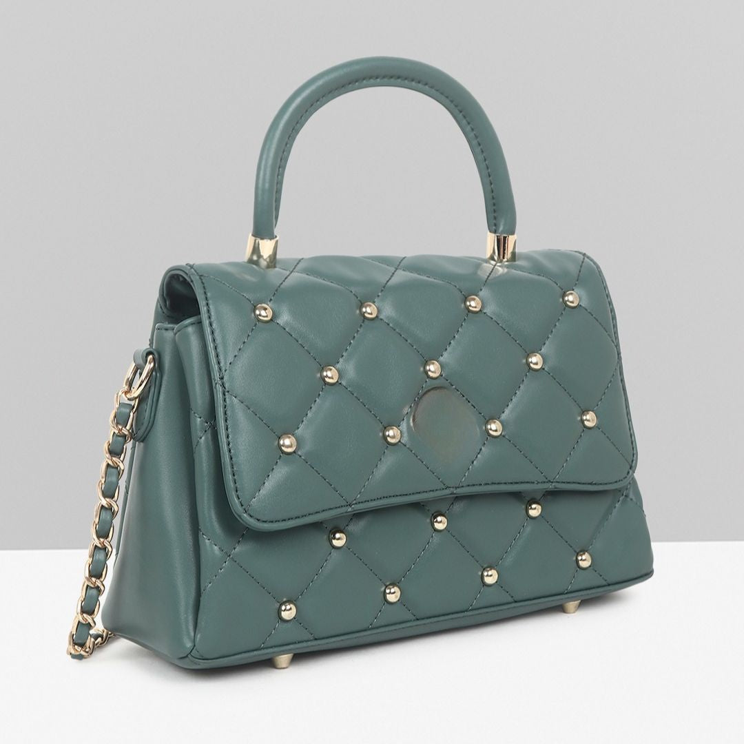 QUILTED STUDDED GREEN LUXE TOP HANDLE HANDBAG