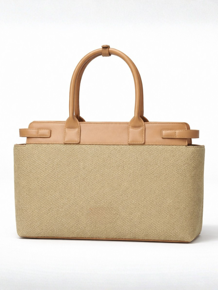 Premium Jute & PU Leather Structured Tote Olive Green Bag for Women
