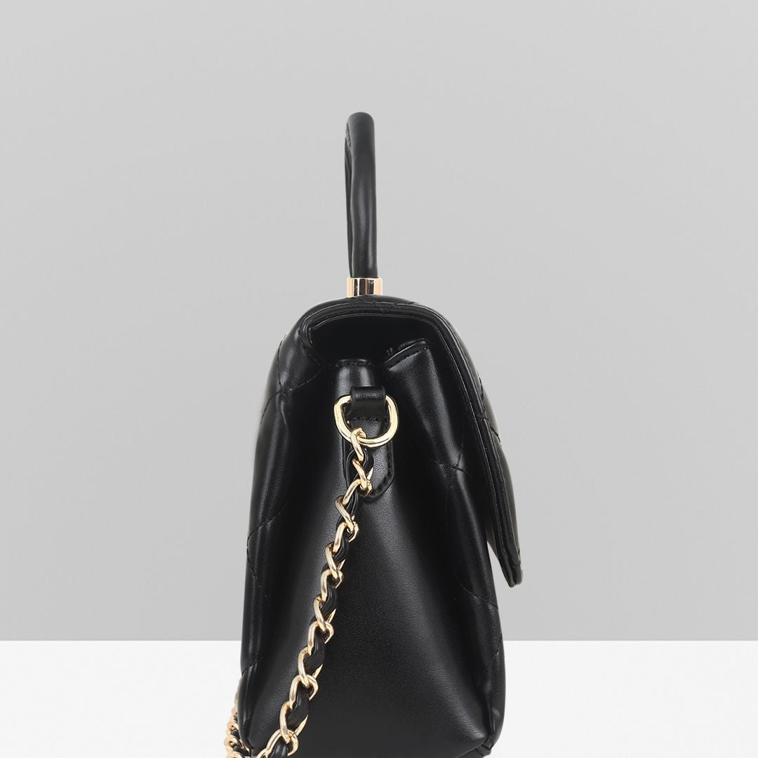 QUILTED STUDDED BLACK LUXE TOP HANDLE HANDBAG
