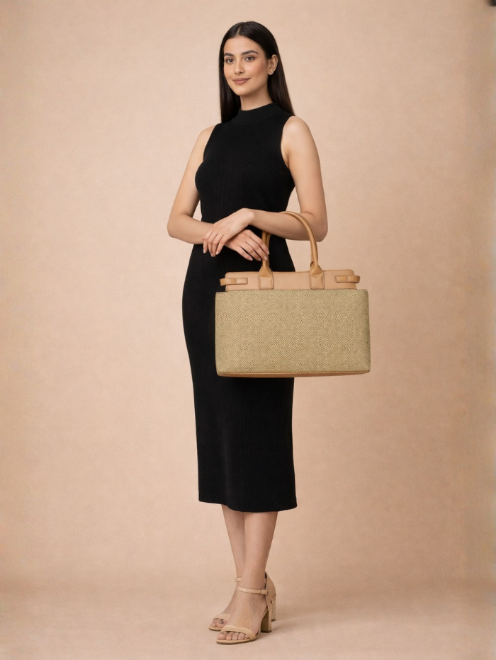 Premium Jute & PU Leather Structured Tote Olive Green Bag for Women