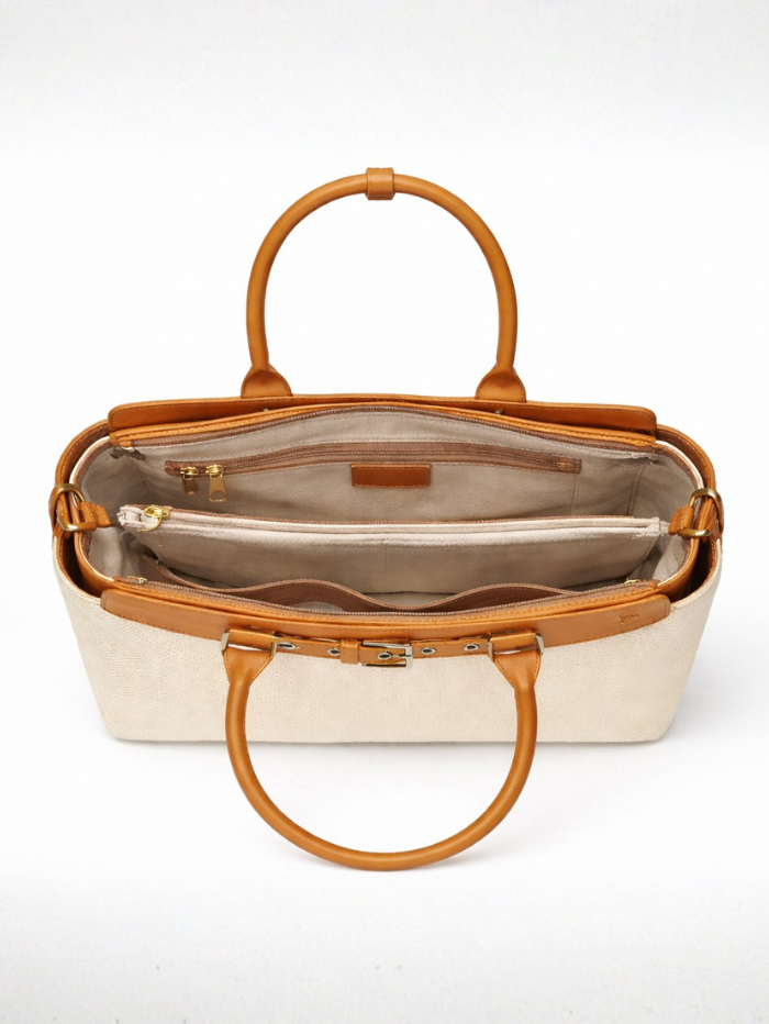 Premium Jute & PU Leather Structured Tote Off White Bag for Women