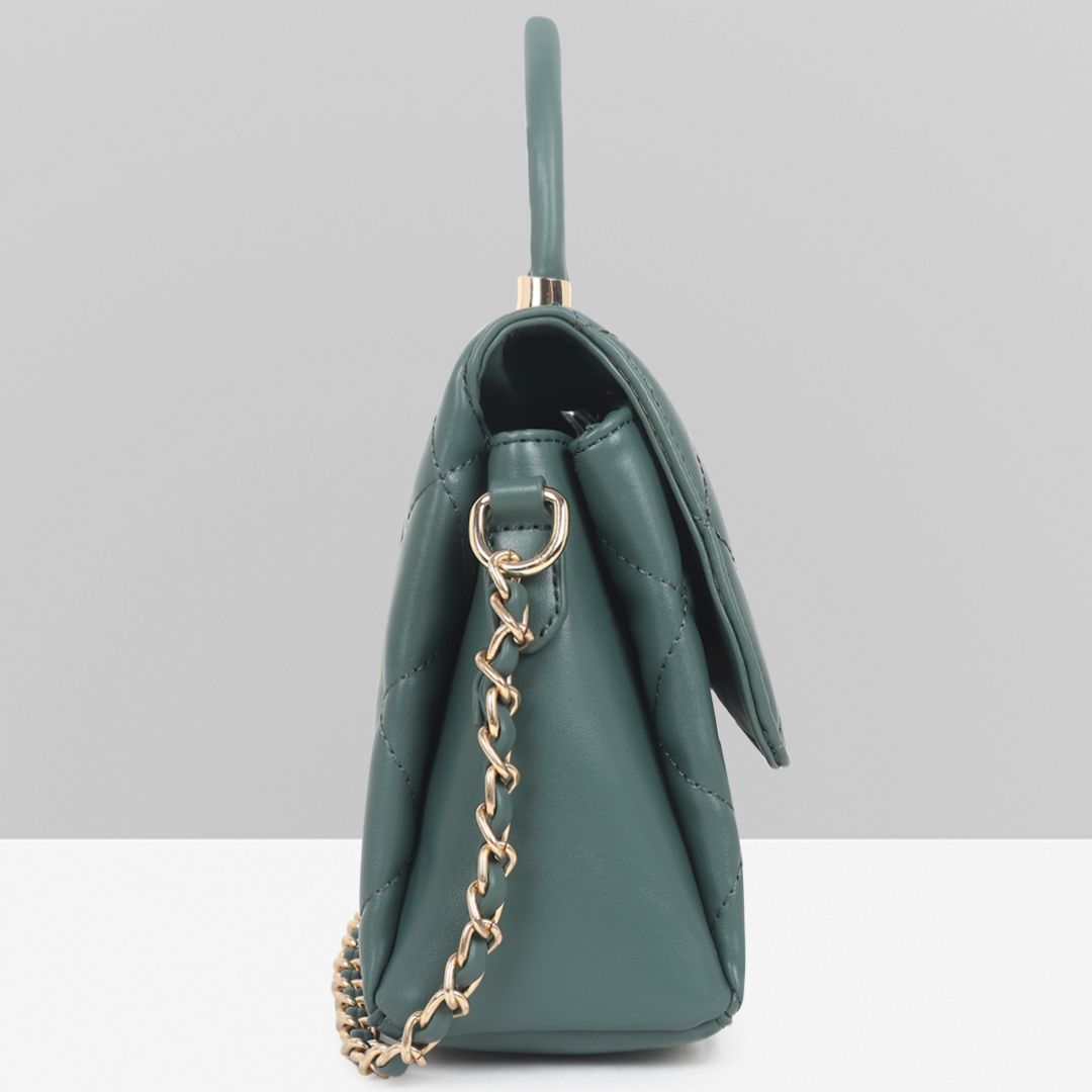 QUILTED STUDDED GREEN LUXE TOP HANDLE HANDBAG