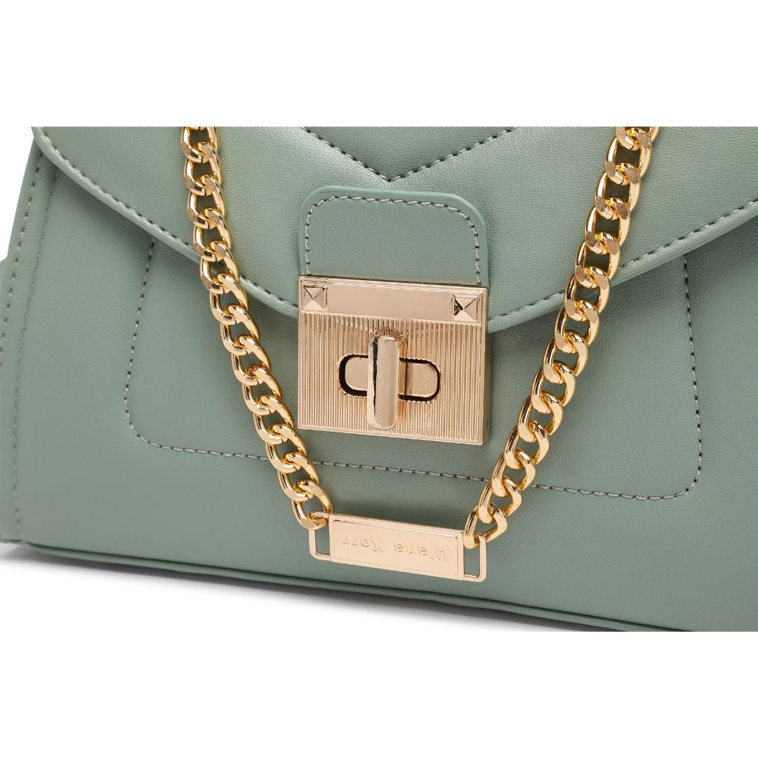 ELEGANT GREEN LOCK CHAIN STRUCTURED HANDBAG