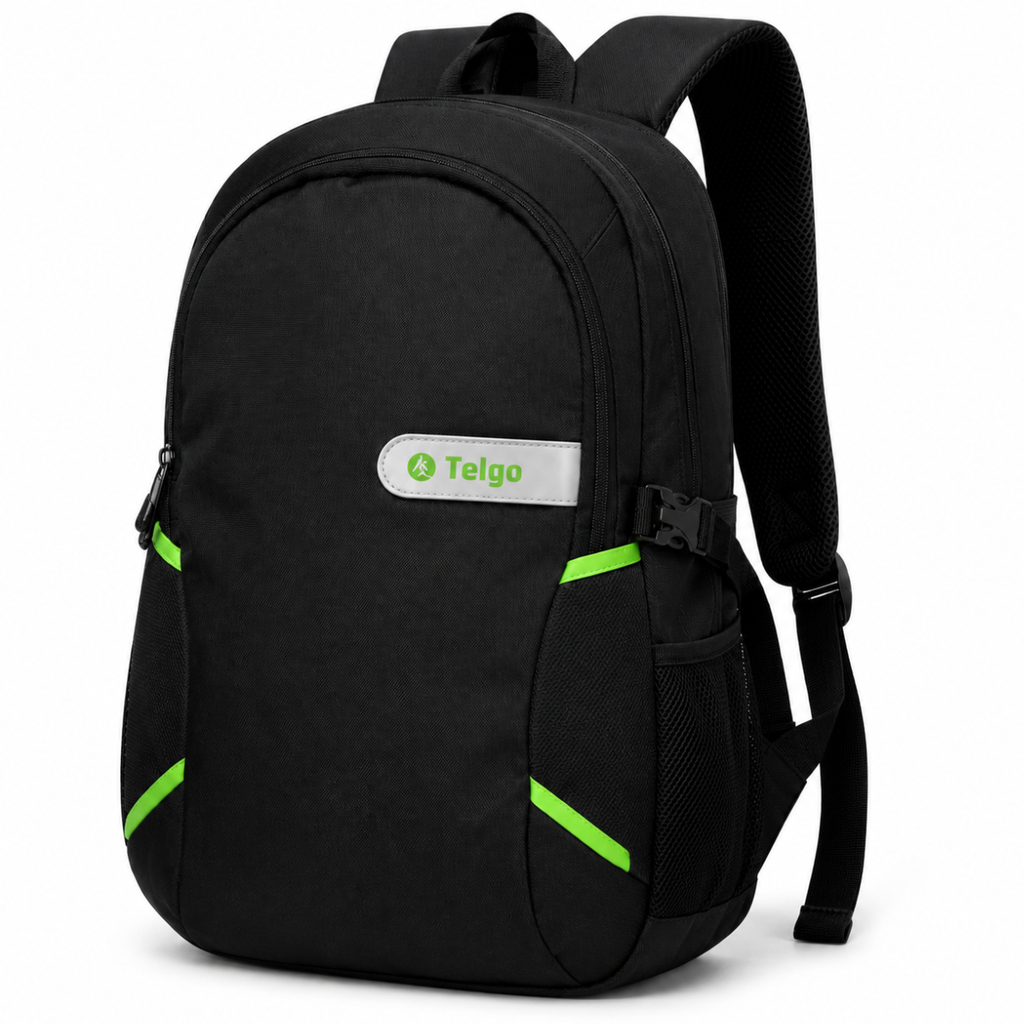 Telgo Lightweight Black Backpack with Green Accents