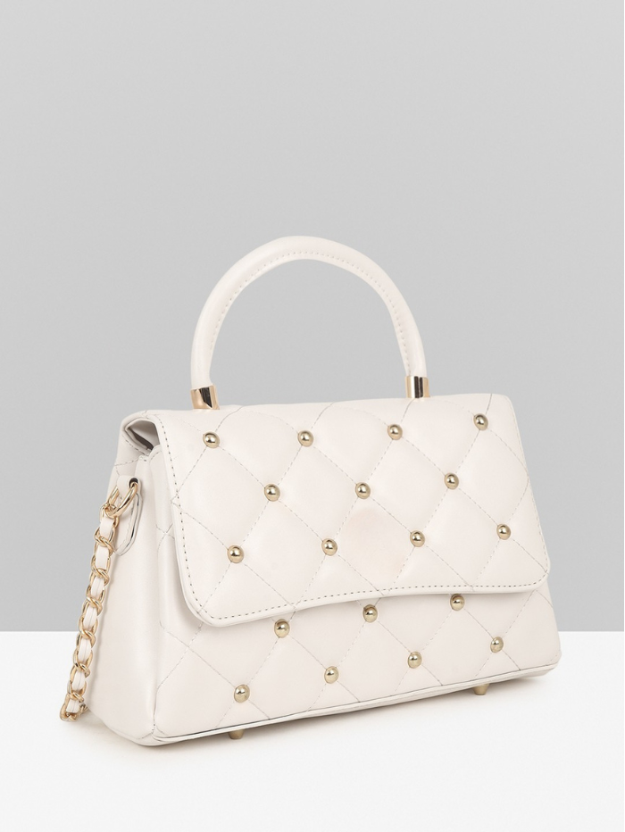 Stylish Quilted Studded Top Handle Off White Sling Bag for Women