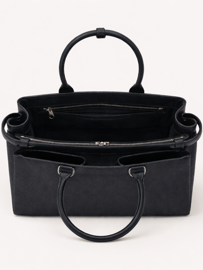 Premium Jute & PU Leather Structured Tote Black Bag for Women
