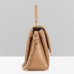 QUILTED STUDDED CAMEL LUXE TOP HANDLE HANDBAG