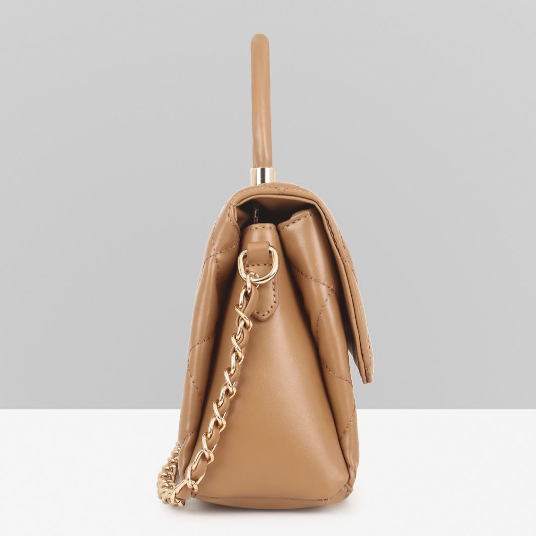 QUILTED STUDDED CAMEL LUXE TOP HANDLE HANDBAG