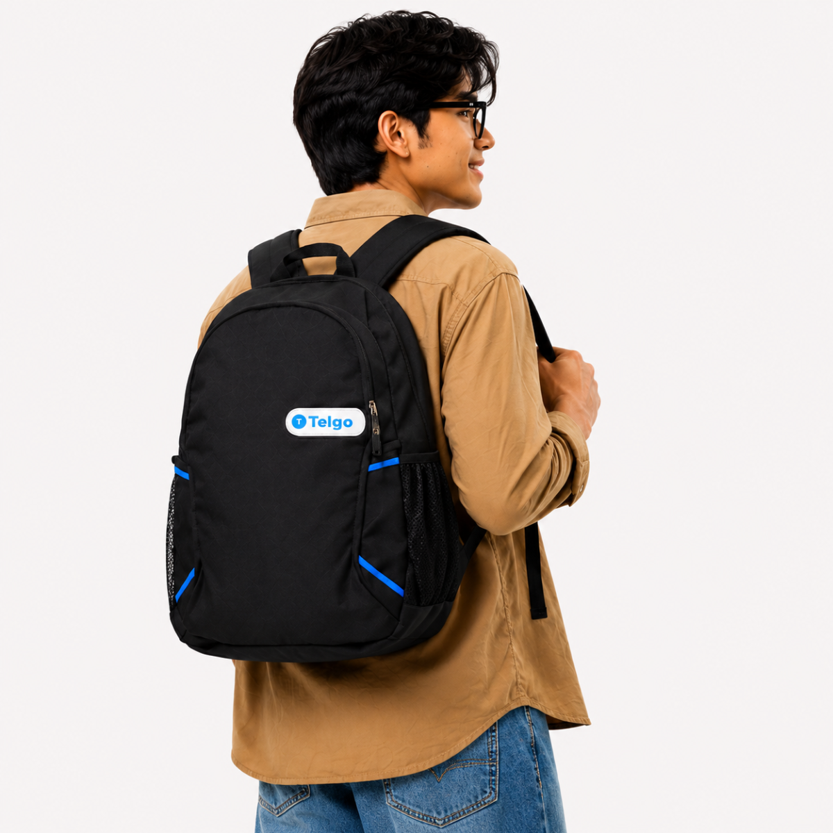 Telgo Lightweight Black Backpack with Blue Accents