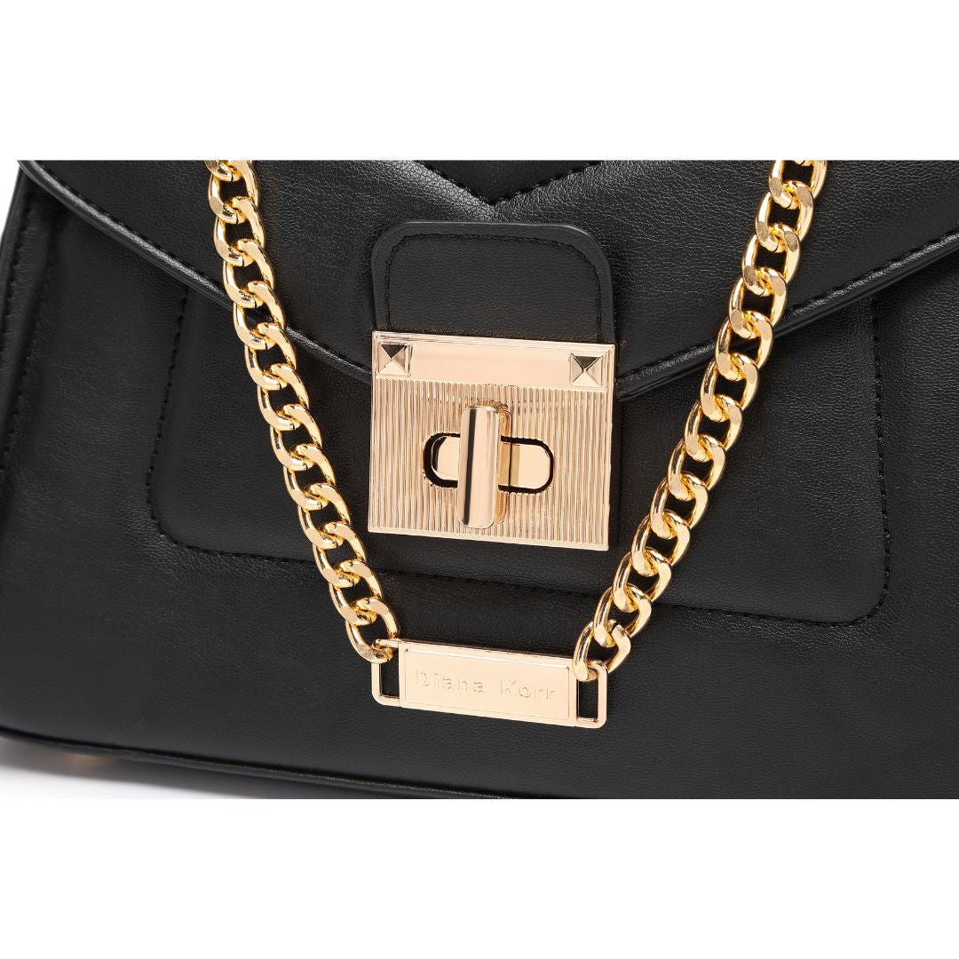 ELEGANT LOCK CHAIN STRUCTURED BLACK HANDBAG