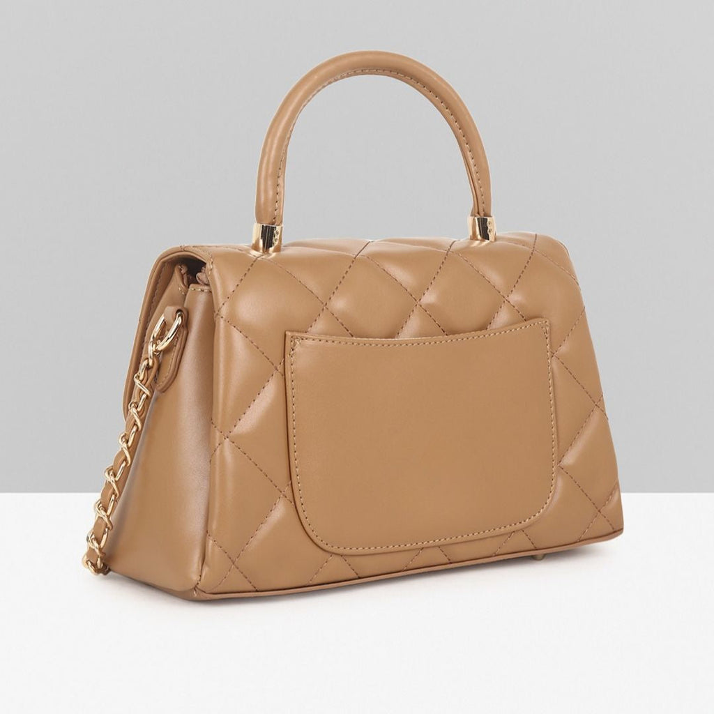 QUILTED STUDDED CAMEL LUXE TOP HANDLE HANDBAG