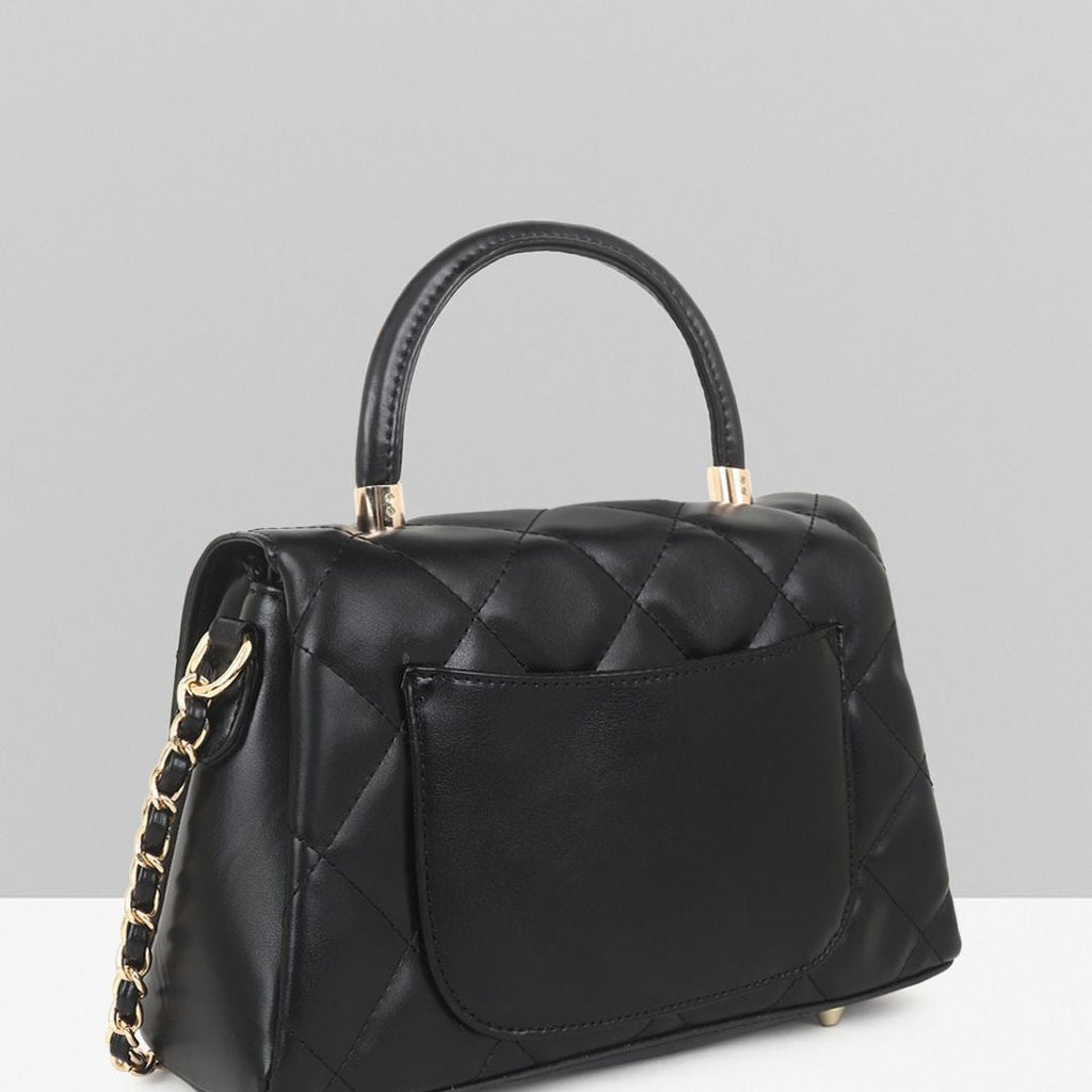 QUILTED STUDDED BLACK LUXE TOP HANDLE HANDBAG