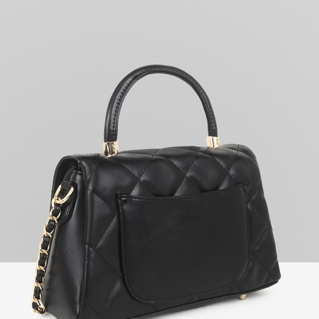 QUILTED STUDDED BLACK LUXE TOP HANDLE HANDBAG