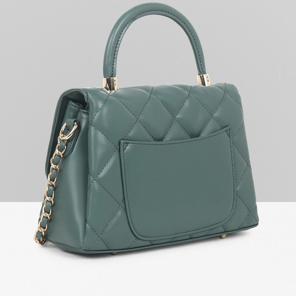 QUILTED STUDDED GREEN LUXE TOP HANDLE HANDBAG