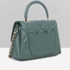 QUILTED STUDDED GREEN LUXE TOP HANDLE HANDBAG