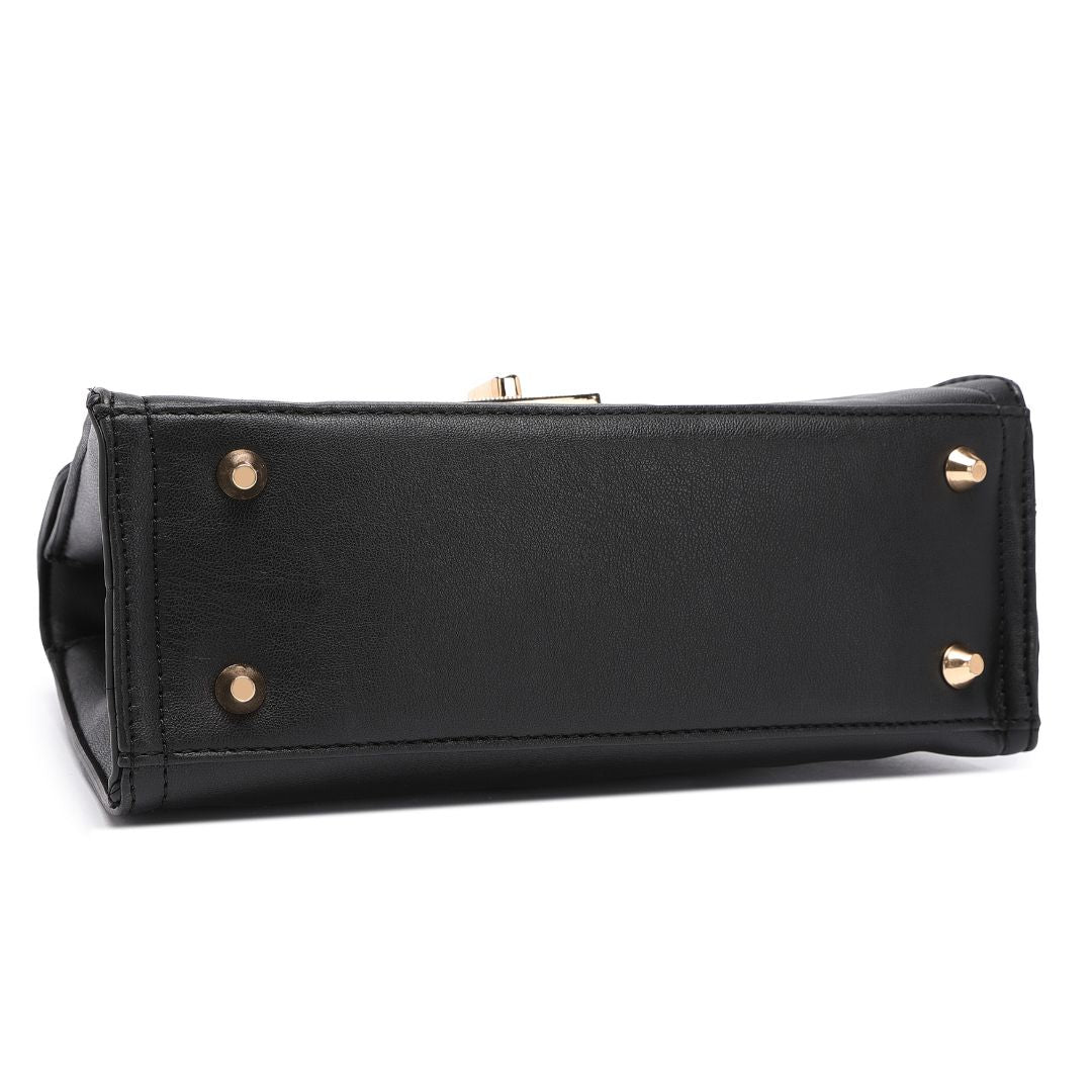 ELEGANT LOCK CHAIN STRUCTURED BLACK HANDBAG
