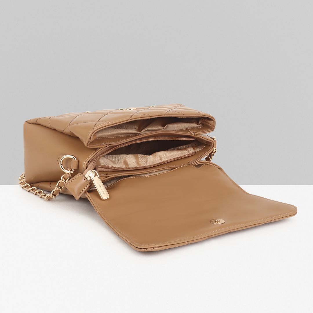 QUILTED STUDDED CAMEL LUXE TOP HANDLE HANDBAG