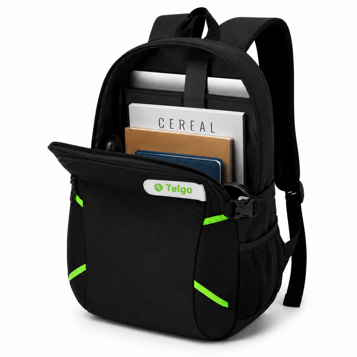 Telgo Lightweight Black Backpack with Green Accents