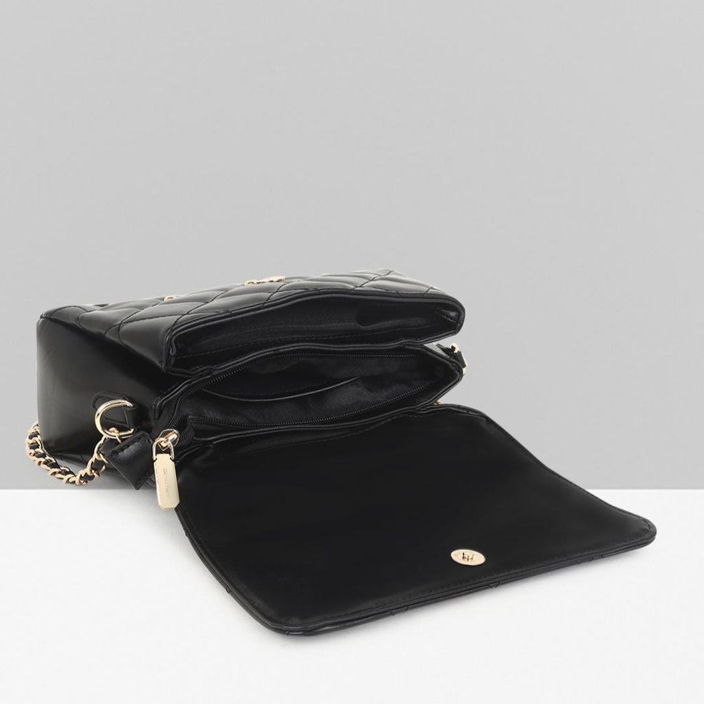 QUILTED STUDDED BLACK LUXE TOP HANDLE HANDBAG
