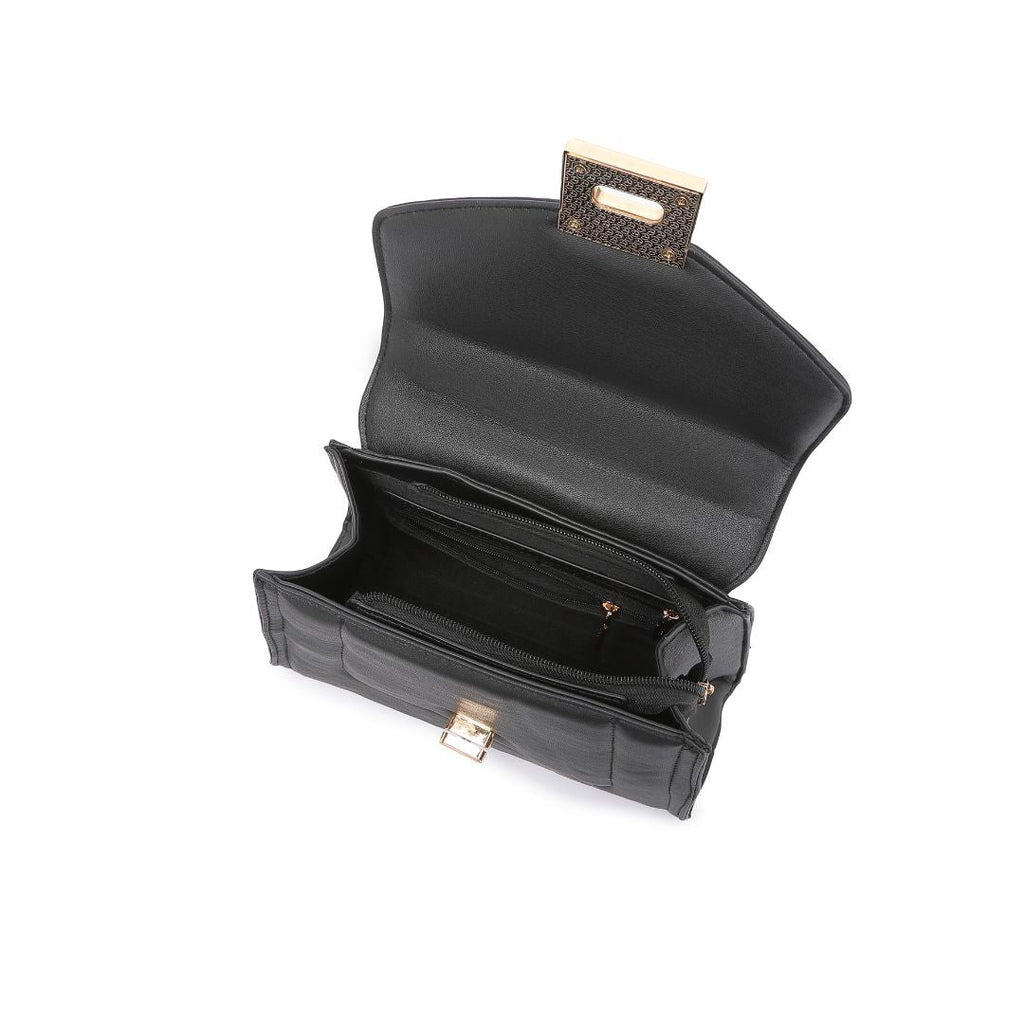 ELEGANT LOCK CHAIN STRUCTURED BLACK HANDBAG